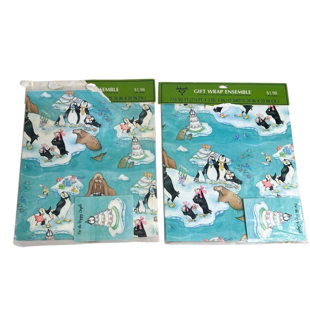 Vintage Wedding Wrapping Paper Blue Penguins Wedding Cake Set of 2 Hallmark